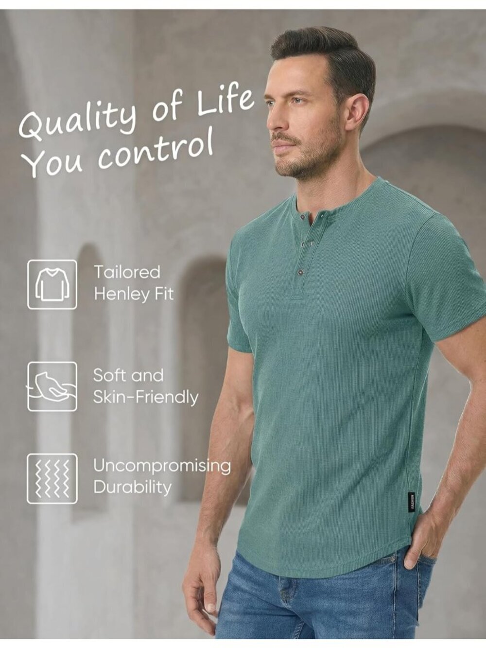 Men's Green 1 Muscle Slim Henley Crewneck Longline Athletic Button Tees Shirts - Picture 5 of 6